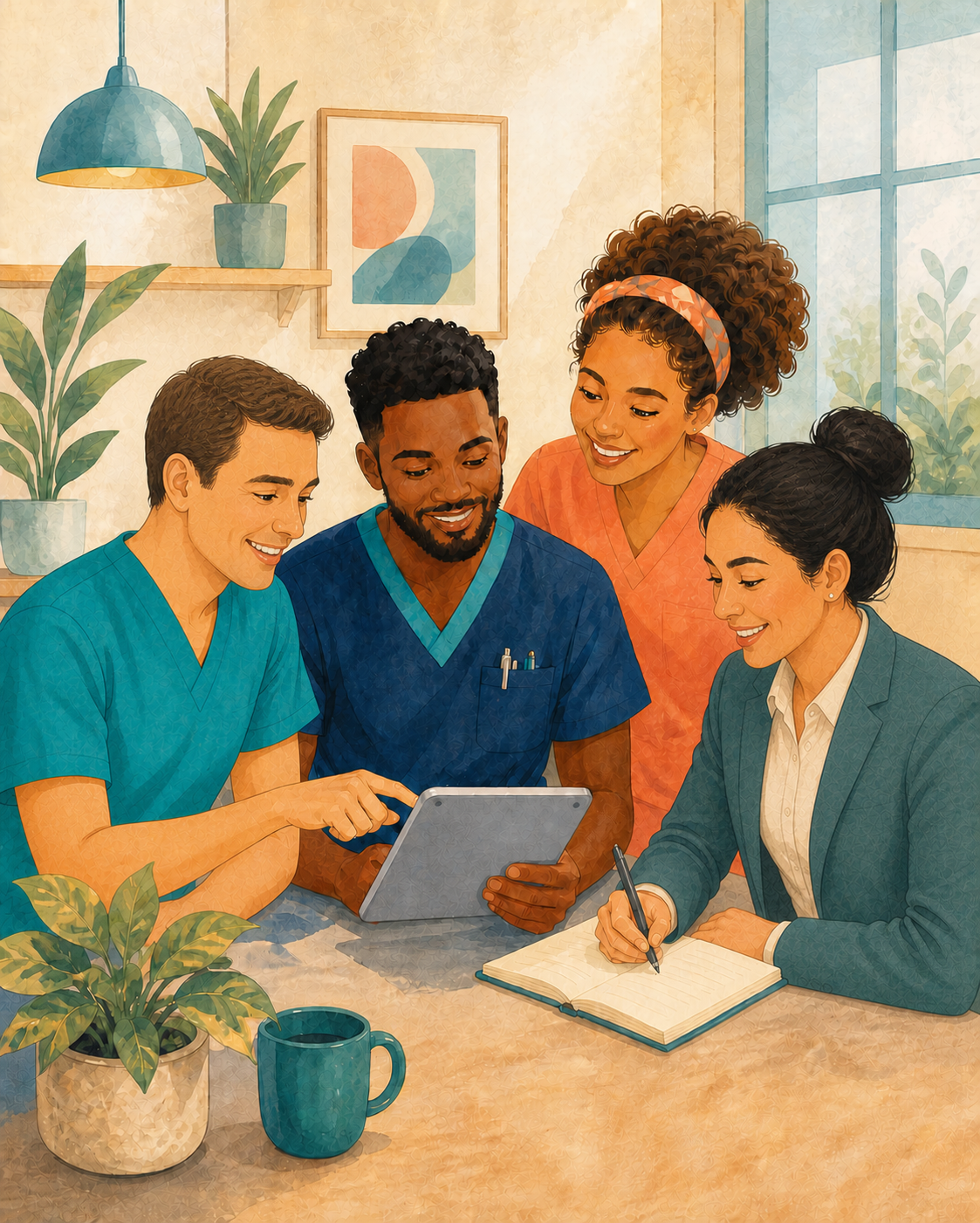 Illustration of long-term care staff learning together